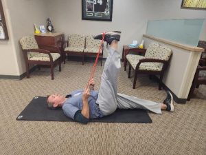 Static-passive stretch: Band-assisted Supine Hamstring Stretch